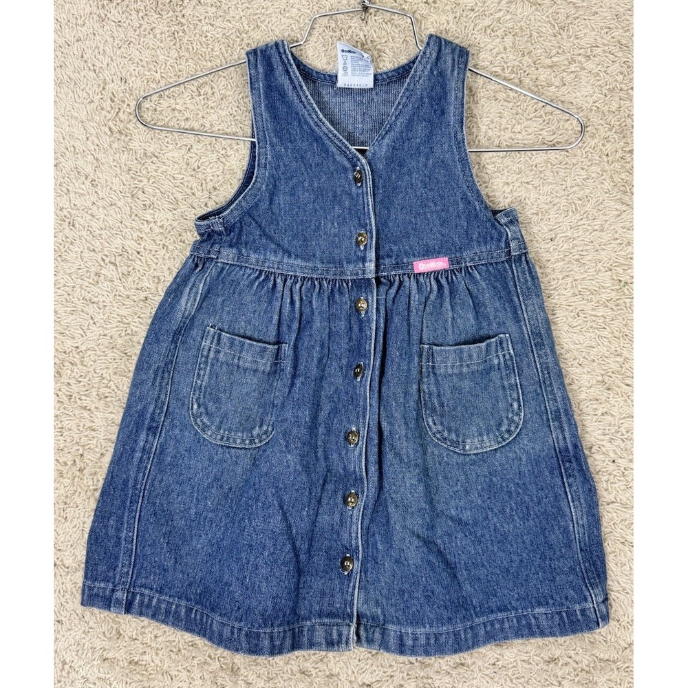 VTG Oshkosh B'Gosh Toddler Girls Denim Button Up Sleeveless Dress Size 4T USA